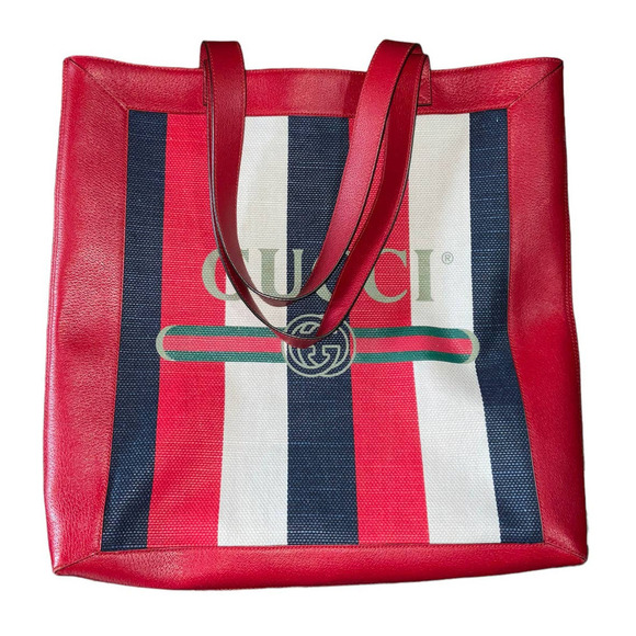 GUCCI Canvas Calfskin Sylvie Stripe Logo Mens Tote Red White Blue Large. - Picture 14 of 16